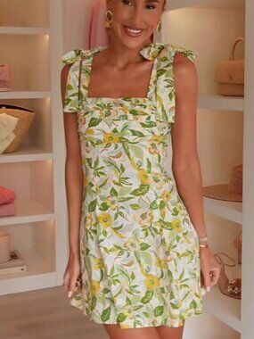 Zara Linen Blend Printed Floral Tie Strap Short Dress Size XL